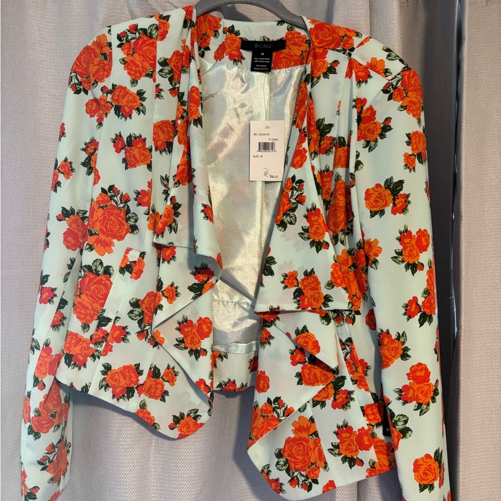 Floral Blazer Jacket in Light Blue with Orange Rose Print.Light shoulder patting